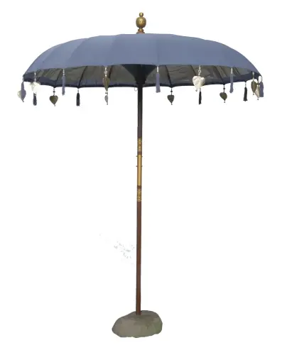 Product image of the product “Bali umbrella, Dark Grey 1 with wooden coins and gold leaves hanging around the edge. Approx. 190cm dia. and 250cm height ”